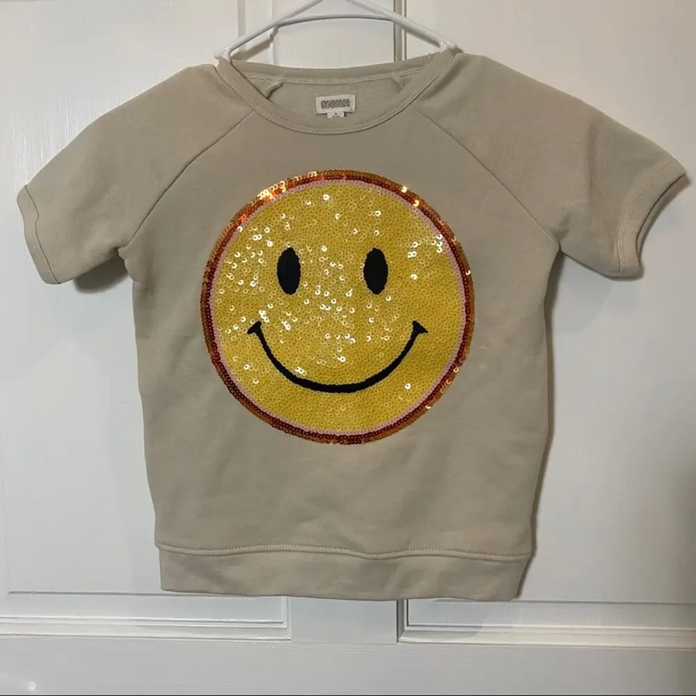 Gymboree Beige Sequins Happy face Emoji Sweatshirt small 5-6